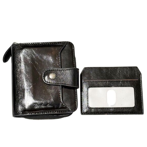 Bostanten Black Wallet Small Bifold Credit Card Slots Zipper & Removable ID Card - Picture 1 of 12